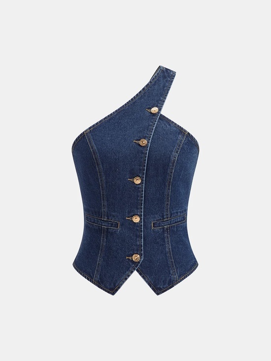 Commense Tops - Commense One Shoulder Buttoned Denim Vest
